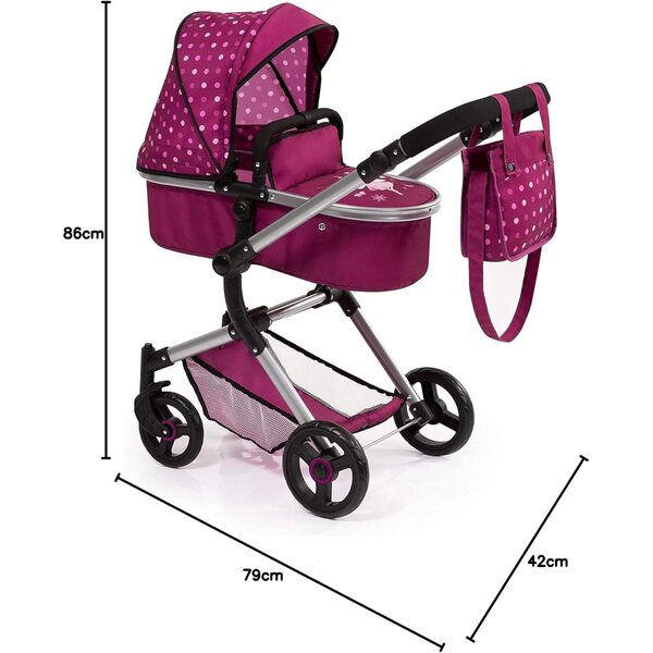 Bayer Design Neo Vario Bambolewagen 52 cm con borsa, cestino e maniglione regolabile rosa bordeaux