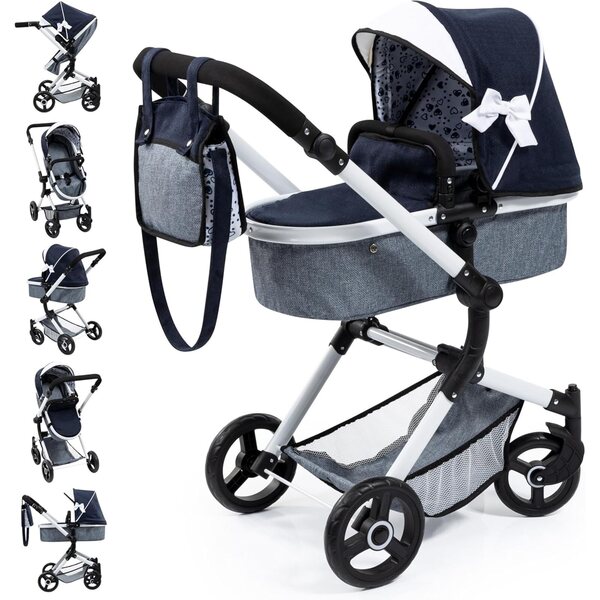 Carrozzina per bambole Bayer Design Neo Vario 62-79 cm con borsa e cursore girevole Blu Bianco