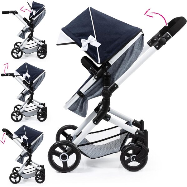 Carrozzina per bambole Bayer Design Neo Vario 62-79 cm con borsa e cursore girevole Blu Bianco