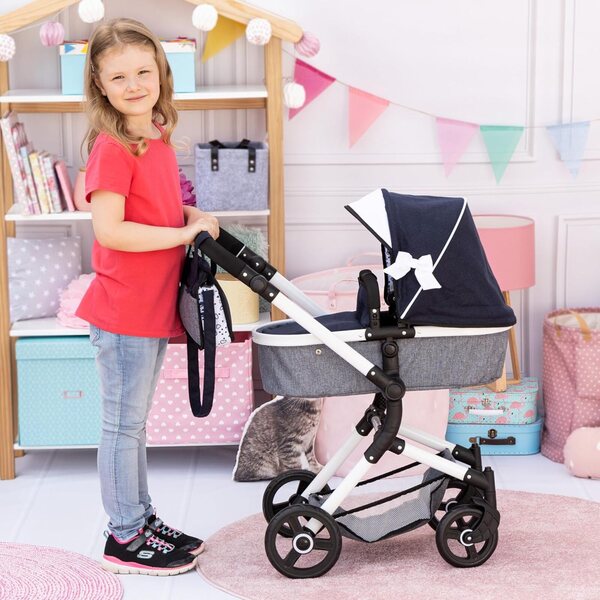 Carrozzina per bambole Bayer Design Neo Vario 62-79 cm con borsa e cursore girevole Blu Bianco