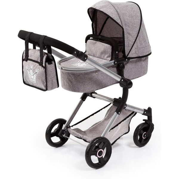 Bayer Design Neo Vario Bambolewagen grigio per bambole fino a 52 cm con borsa e cestino