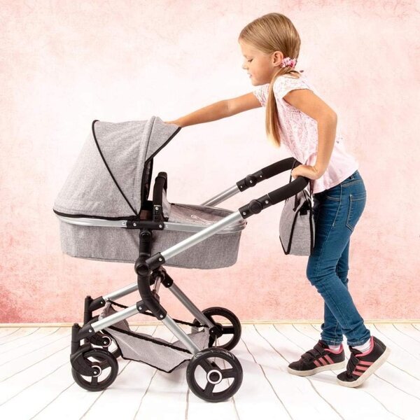 Bayer Design Neo Vario Bambolewagen grigio per bambole fino a 52 cm con borsa e cestino