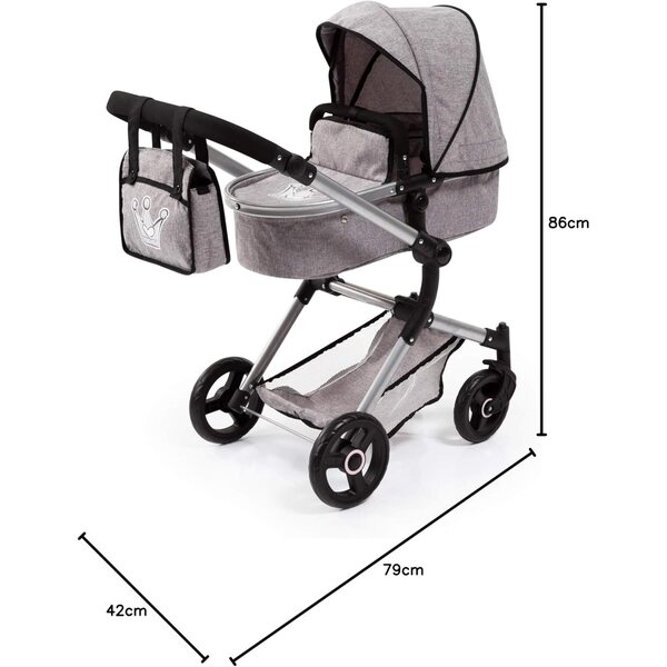 Bayer Design Neo Vario Bambolewagen grigio per bambole fino a 52 cm con borsa e cestino