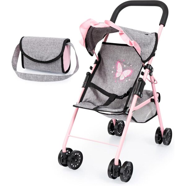 Bayer Design passeggino per bambole jeans-grigio-rosa, doppie ruote, pieghevole, borsa e tetto inclusi