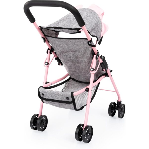 Bayer Design passeggino per bambole jeans-grigio-rosa, doppie ruote, pieghevole, borsa e tetto inclusi