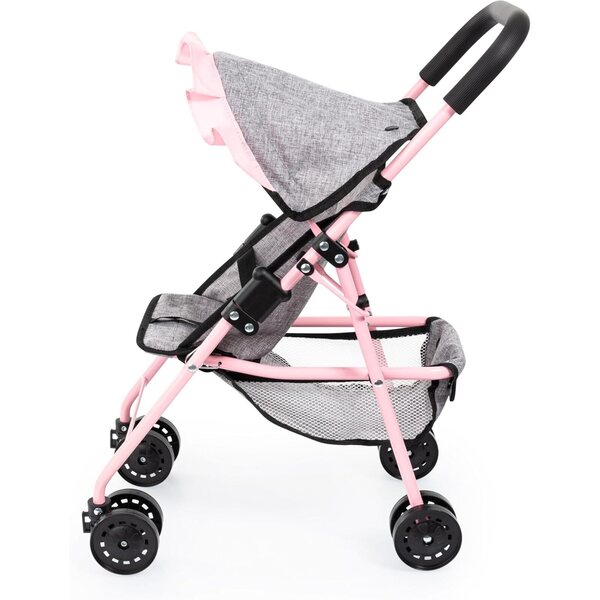 Bayer Design passeggino per bambole jeans-grigio-rosa, doppie ruote, pieghevole, borsa e tetto inclusi