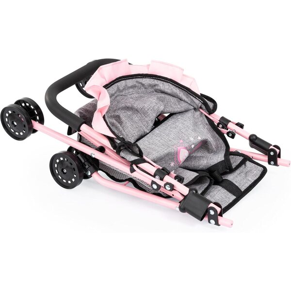 Bayer Design passeggino per bambole jeans-grigio-rosa, doppie ruote, pieghevole, borsa e tetto inclusi