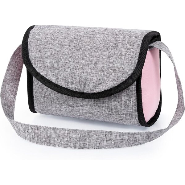 Bayer Design passeggino per bambole jeans-grigio-rosa, doppie ruote, pieghevole, borsa e tetto inclusi