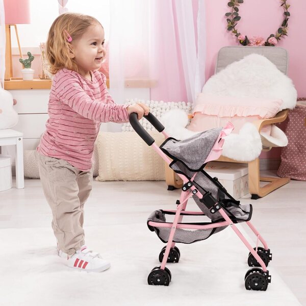 Bayer Design passeggino per bambole jeans-grigio-rosa, doppie ruote, pieghevole, borsa e tetto inclusi