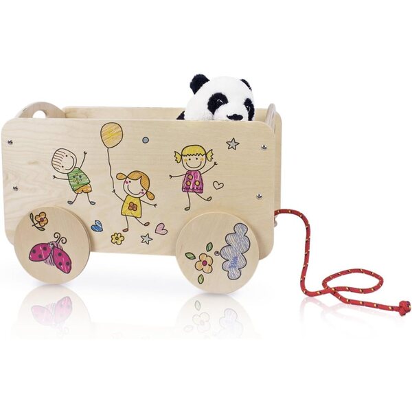 Dida Holzwagen per Bambini con Ruote Colorate e Spazio Gioco 50cm