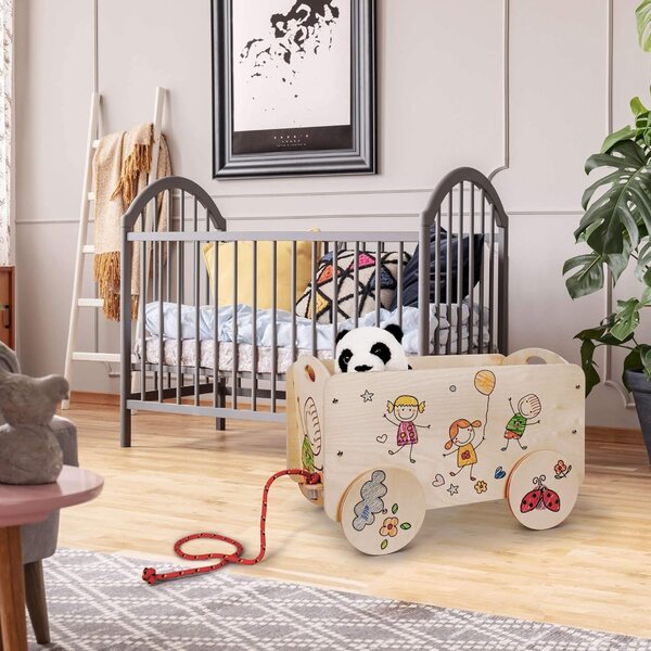 Dida Holzwagen per Bambini con Ruote Colorate e Spazio Gioco 50cm