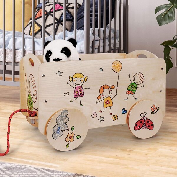 Dida Holzwagen per Bambini con Ruote Colorate e Spazio Gioco 50cm