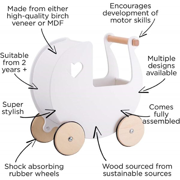 Moover Bambolewagen in Legno blu con Cuori - Design Danese Classico per Bambini