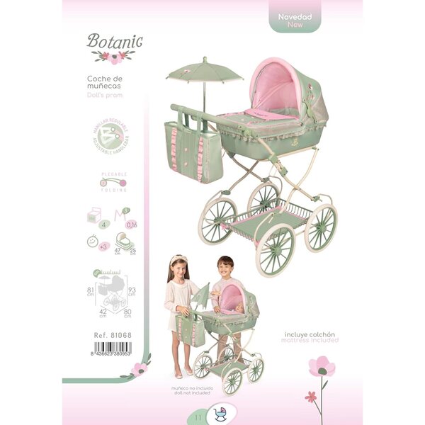Klappbarer Puppenwagen mit verstellbarem Griff und Regenschirm Botanic DeCuevas Toys