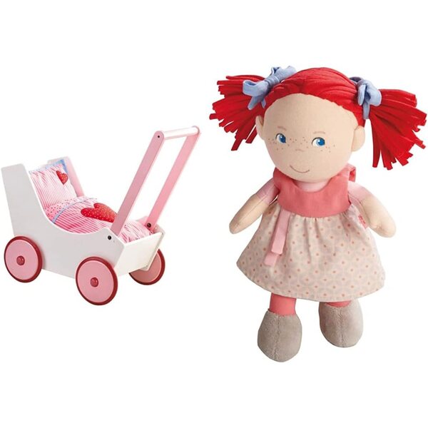 HABA Bambolewagen Herzen con Puppe Mirli, giocattoli morbidi e legno per bambini da 6 mesi