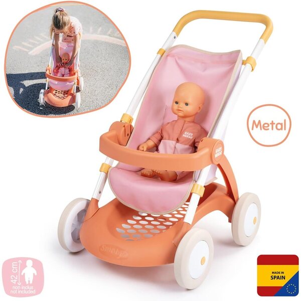 Smoby Baby Nurse Kinderwagen für Puppen bis 42 cm mit Tasche und Korb, 58 cm Griffhöhe