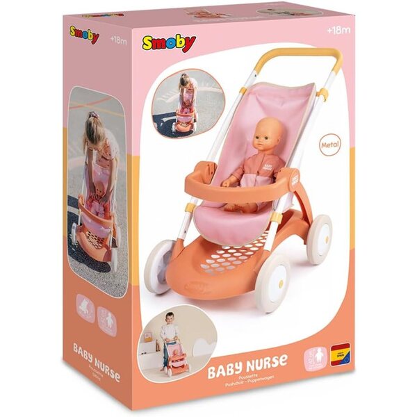 Smoby Baby Nurse Kinderwagen für Puppen bis 42 cm mit Tasche und Korb, 58 cm Griffhöhe