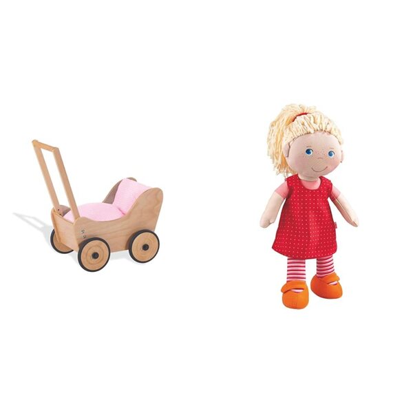 Pinolino Bambolewagen Sarah aus Holz mit Bremse + Puppe Annelie HABA 30 cm für Kinder 1-6 Jahre