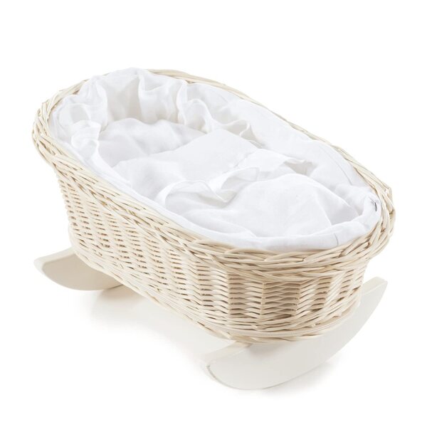 Letto a dondolo in vimini con biancheria da letto in lino - giocattolo naturale per bambini 46x30 cm bianco