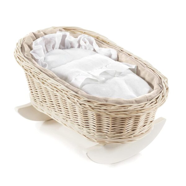 Culla per bambole in salice con biancheria da letto in lino - giocattolo naturale per bambini 46x30 cm bianco