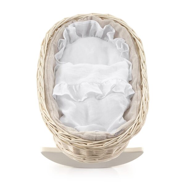 Culla per bambole in salice con biancheria da letto in lino - giocattolo naturale per bambini 46x30 cm bianco