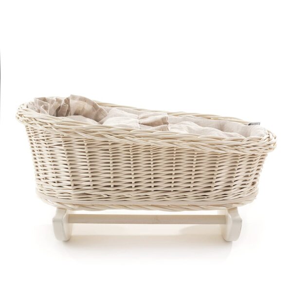 Culla per bambole in salice con biancheria da letto in lino - giocattolo naturale per bambini 46x30 cm bianco