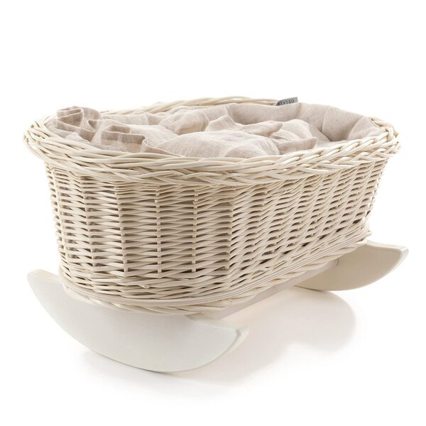 Culla per bambole in salice con biancheria da letto in lino - giocattolo naturale per bambini 46x30 cm bianco