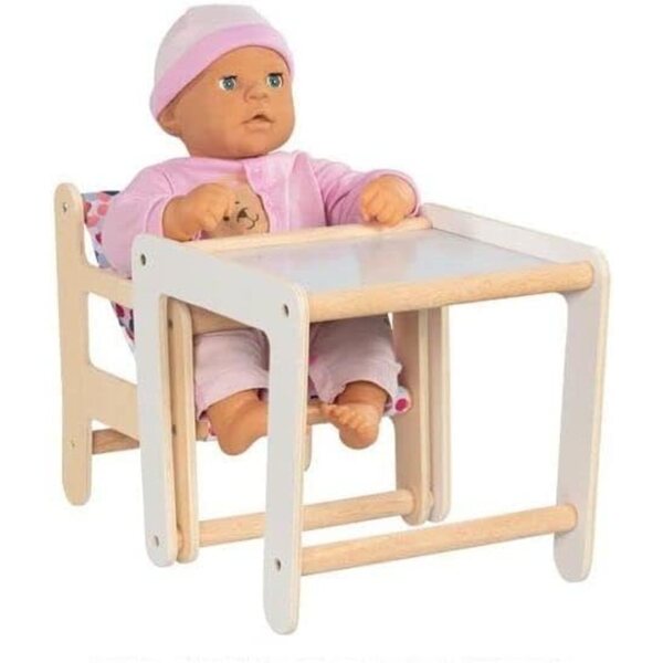 2-in-1-Hochstuhl für Puppen aus Holz und Stoff – modernes und farbenfrohes Design
