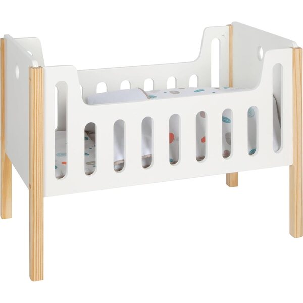 lettino per bambole Little Button in legno con biancheria inclusa, design scandinavo, 50x28x35 cm