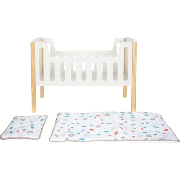 lettino per bambole Little Button in legno con biancheria inclusa, design scandinavo, 50x28x35 cm