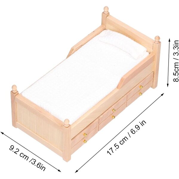 SIXRUN Letto in Betulla Miniatura per Casa delle Bambole Scala 1:12 con Cassetto