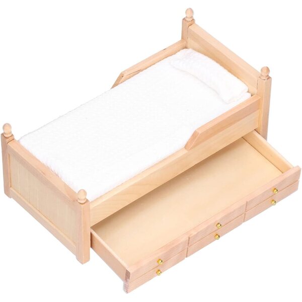 Letto Miniatura in Betulla per Casa delle Bambole 1:12 con Materasso e Cuscino