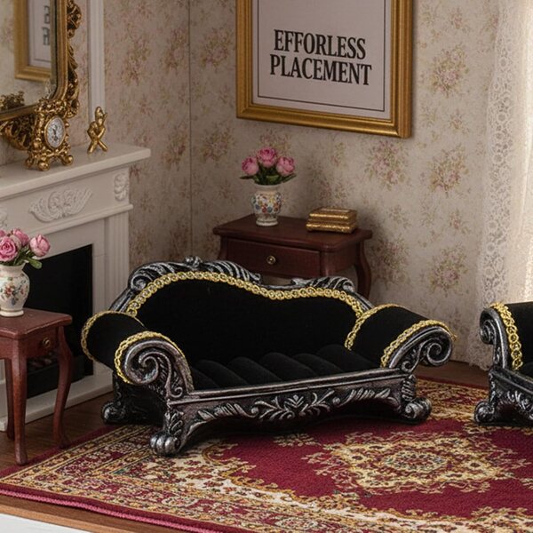 Sofa vittoriano nero per casa delle bambole 1:12, miniatura elegante in resina
