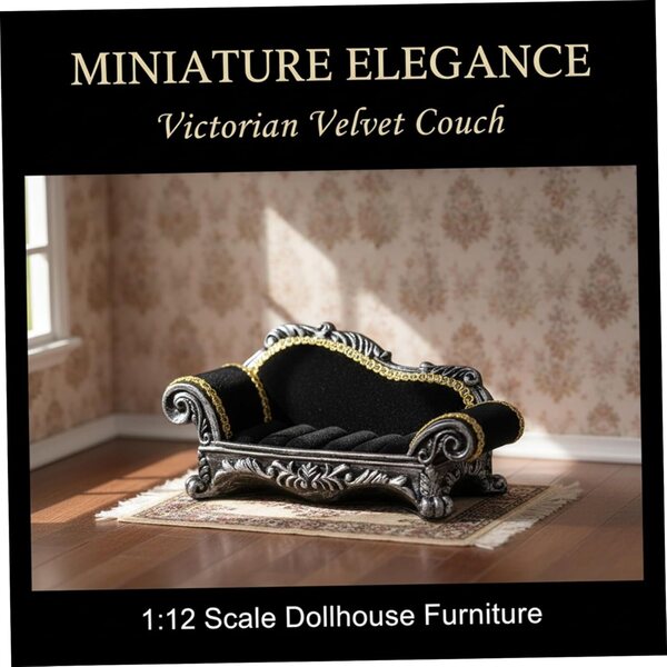 Sofa vittoriano nero per casa delle bambole 1:12, miniatura elegante in resina