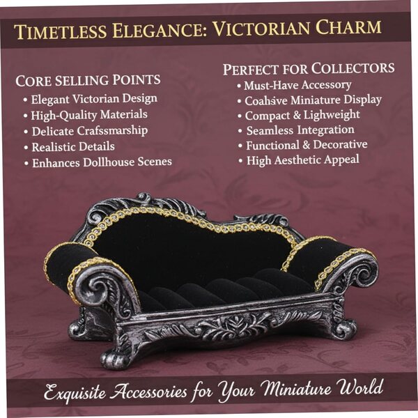 Sofa vittoriano nero per casa delle bambole 1:12, miniatura elegante in resina