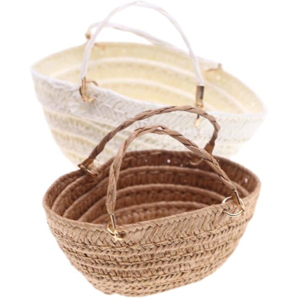Borsa di paglia in miniatura fatta a mano con 2 borse, realizzata con materiali naturali di una casa delle bambole