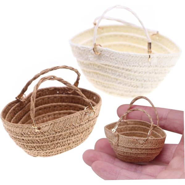Borsa di paglia in miniatura fatta a mano con 2 borse, realizzata con materiali naturali di una casa delle bambole