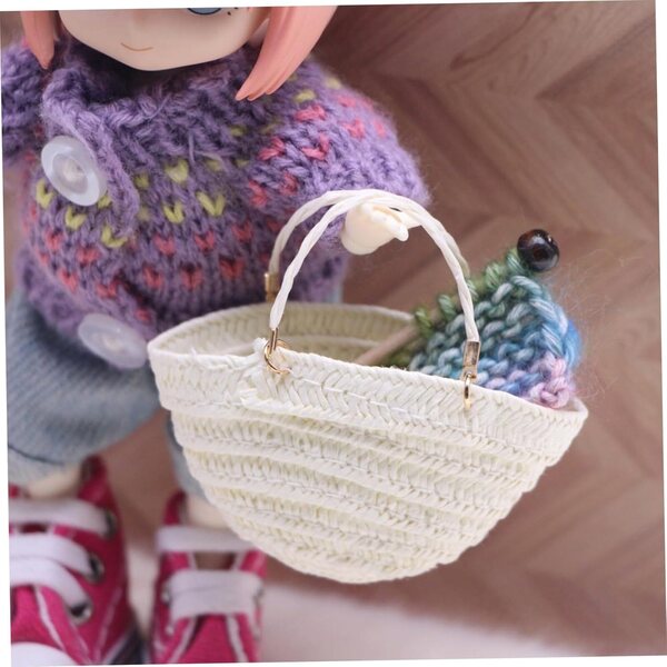 Borsa di paglia in miniatura fatta a mano con 2 borse, realizzata con materiali naturali di una casa delle bambole