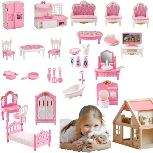 Puppenhaus-Möbelset 4 Zimmer aus Kunststoff, realistisches Zubehör für Spiele