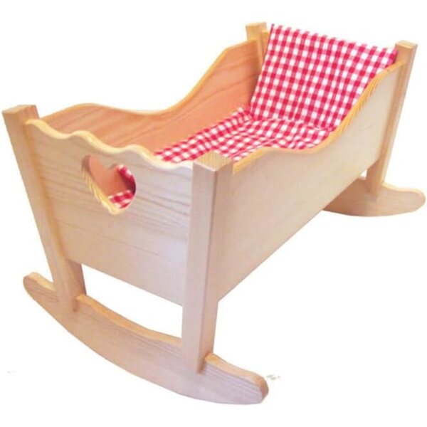 Culla per bambola Diana in legno di faggio con set 3 pezzi a quadretti bianchi e rossi 58x43x37 cm