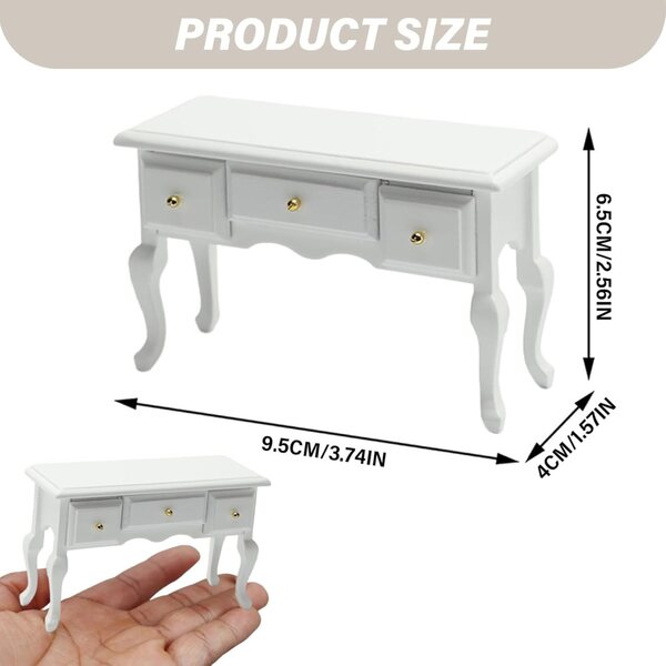 Miniaturtisch en bois blanc 1:12 avec meubles de maison de poupée à 3 tiroirs