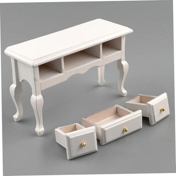 Miniaturtisch en bois blanc 1:12 avec meubles de maison de poupée à 3 tiroirs