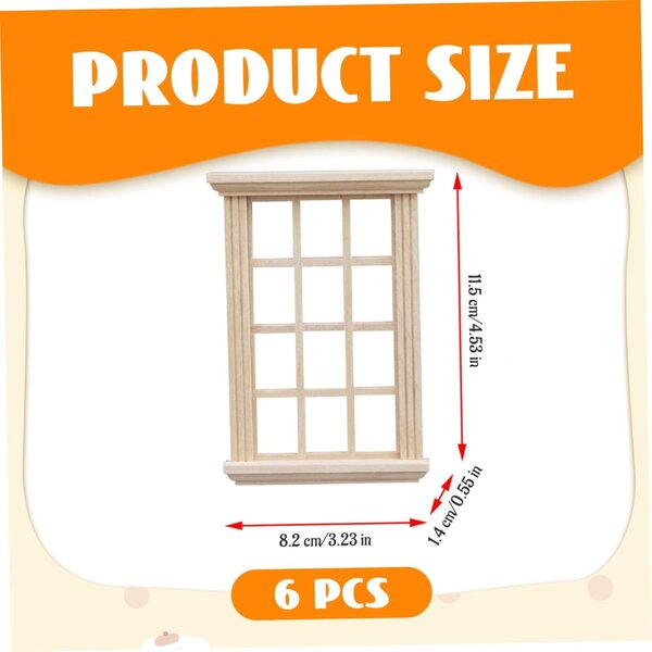 6 Holzfenster für Puppenhäuser, Miniaturzubehör im Maßstab 1:12 für DIY-Schlafzimmer