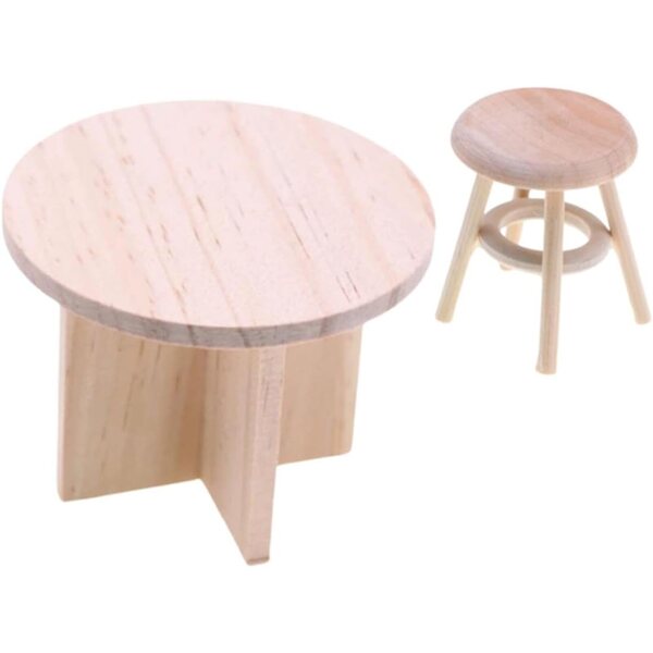 Set Miniature Mobili in Legno Massello per Casa delle Bambole: Tavolino e Sgabello Rotondo