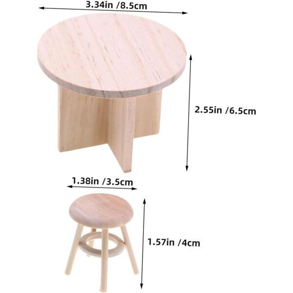 Set Miniature Mobili in Legno Massello per Casa delle Bambole: Tavolino e Sgabello Rotondo