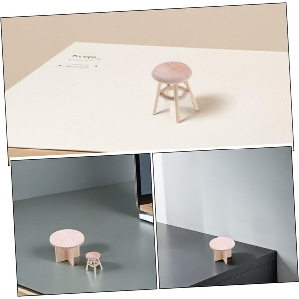 Set Miniature Mobili in Legno Massello per Casa delle Bambole: Tavolino e Sgabello Rotondo