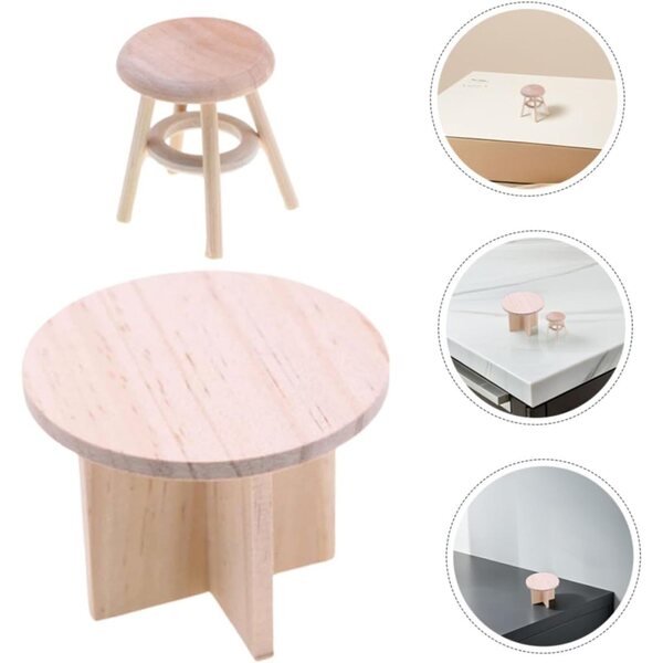 Set Miniature Mobili in Legno Massello per Casa delle Bambole: Tavolino e Sgabello Rotondo