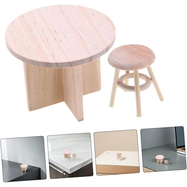Set Miniature Mobili in Legno Massello per Casa delle Bambole: Tavolino e Sgabello Rotondo