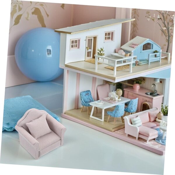 Miniature Set Divano e Poltrona Rosa per casa delle bambole con Cuscini Realistici in Tessuto