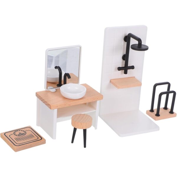 Set mobili bagno realistici 1:12 per casa delle bambole - lavabo, sgabello, porta asciugamani e doccia